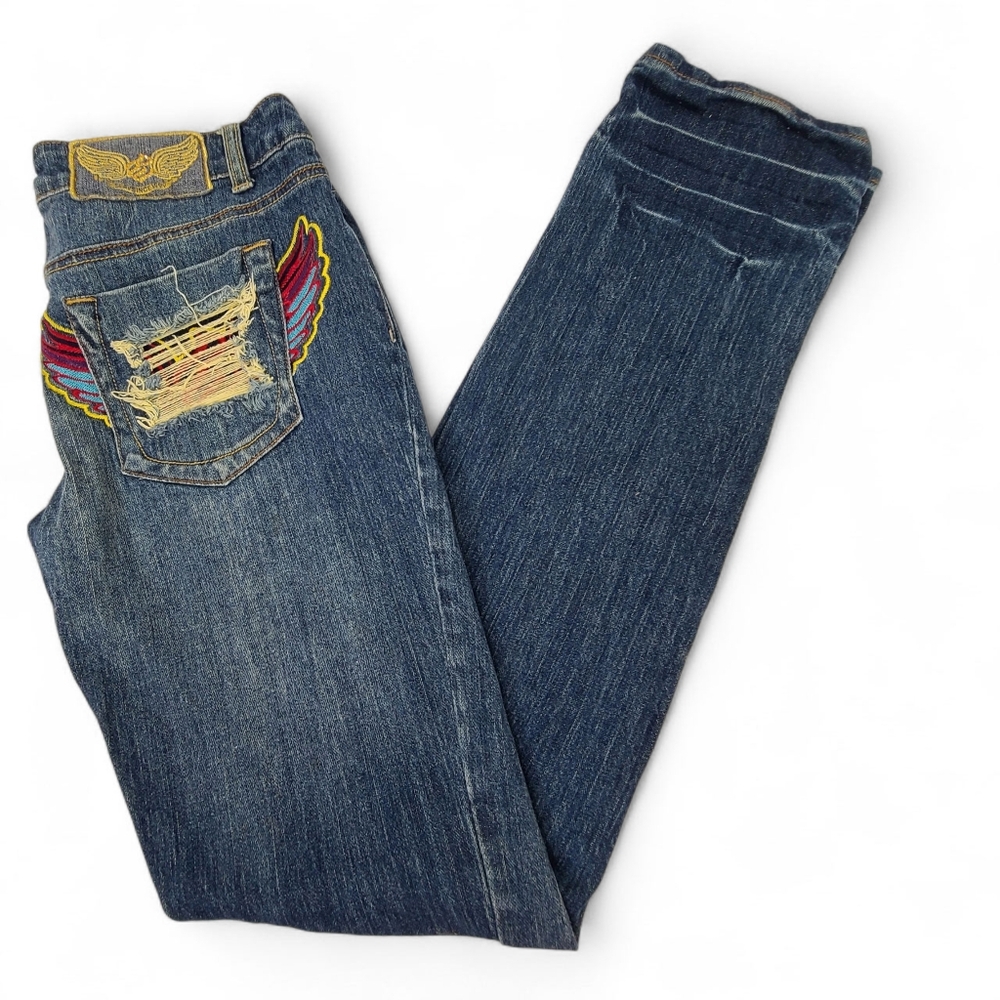 ROCAWEAR Vintage Distressed Wings Straight Leg Jeans Sz 9 Tall inseam: 34"